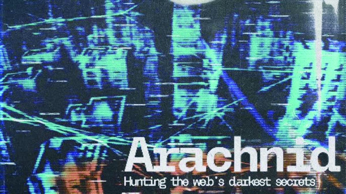 Abstract digital artwork featuring the text "Arachnid" and the subtitle "Hunting the web's darkest secrets." The background uses a mix of dark colors and blue tones, suggesting a cyber or internet theme.