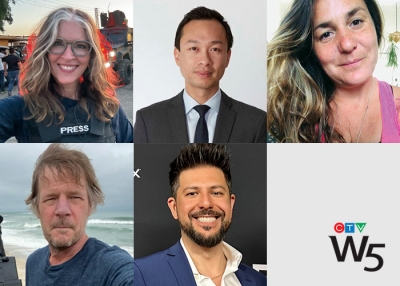 Headshots of Avery Haines, Eric Szeto, Jerry Vienneau, Maria Teresa Scotti, and Angelo Altomare, plus CTV W5 logo